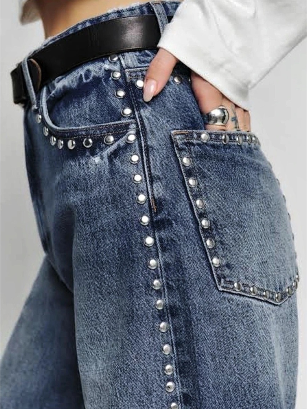 Reformation High Rise Wide Leg with Studs Jeans in Blue